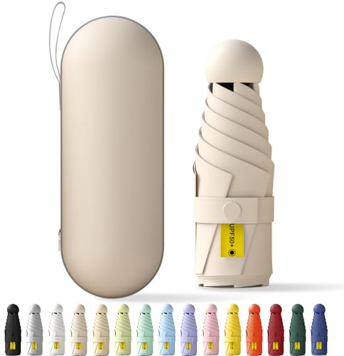 FWHFNB Mini Regenschirm,6 Rippen Tragbarer Reiseschirm mit Kapselhülle,Uv-Regenschirm,kleiner kompakter,für Erwachsene Kinder (Beige)