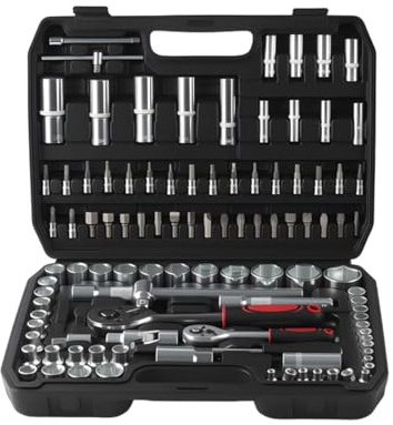 BREEZENEST 108-Piece Socket Set 1/4 & 1/2 Drive Metric Ratchet Wrenches with CR-V Sockets S2 Steel Bits 72-Tooth Quick Release Mechanics Tool Kit for Car Motorcycle Bike Home DIY Workshop Repair