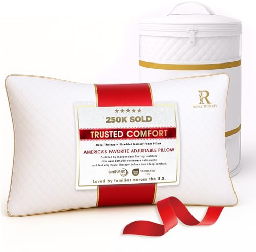 Royal Therapy Queen Memory Foam Pillow, Adjustable Shredded Odor-Free Pillow for Neck & Shoulder Pain Relief, Support for Back, Stomach, Side Sleepers, CertiPUR-US