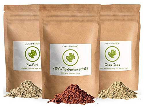vitalundfitmit100 OPC Traubenkernextrakt 300 g + Camu Camu 100 g + Maca 100 g, Superfood