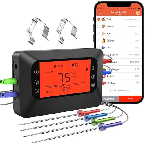 BFOUR Grillthermometer Fleischthermometer Bluetooth Bratenthermometer mit 4 Edelstahlsonden,Digitales Ofenthermometer,Timer, Alarm,APP Control