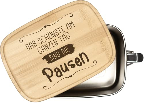 Tassenbrennerei Brotdose - Das Schönste am ganzen Tag sind die Pausen - Brotbox Edelstahl mit Bambusdeckel -1000ml - Geschenk