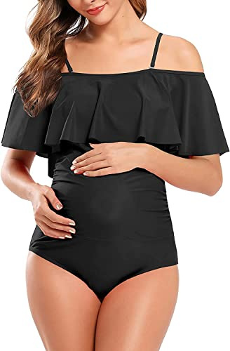 SHEKINI Maternity Swimsuits Off-Shoulder One Piece Swimwear Ruffled Flounce Pregnancy Bathing Suit, Black, X-Large