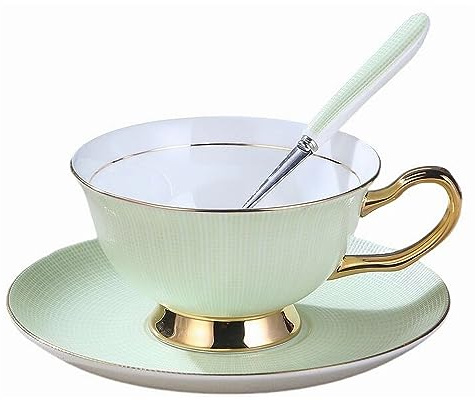 Eplze Bone China Cup& Saucer Set, 6.8oz - Embossed Texture (Green)