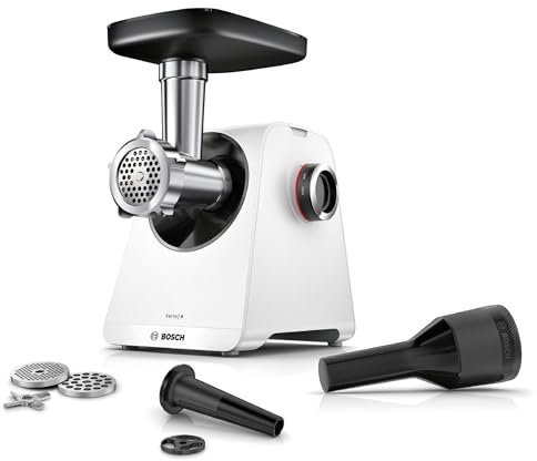 Bosch - Picador de carne, MultiPower, Serie 4, 1900 W, Molinillo, Accesorio para salchichas, Blanco, MFWS420W