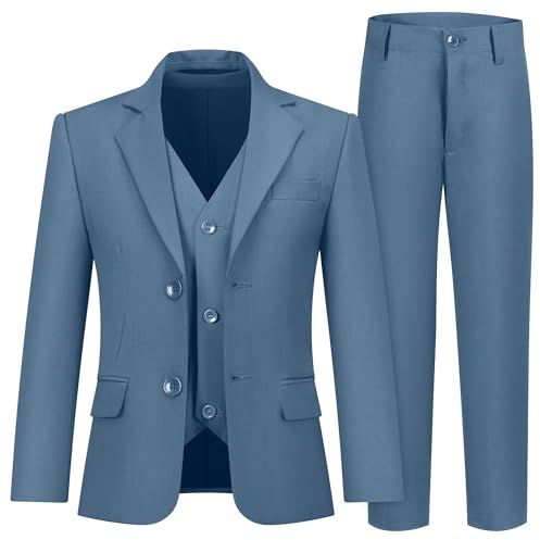 Hipfun Jungen 3-teiliges Anzug-Set mit Anzugjacke, Weste, Hose, formeller Smoking, schmale Passform, Ringträger-Outfit, Größe 2–20, 3 Stück, Blaugrau, 14