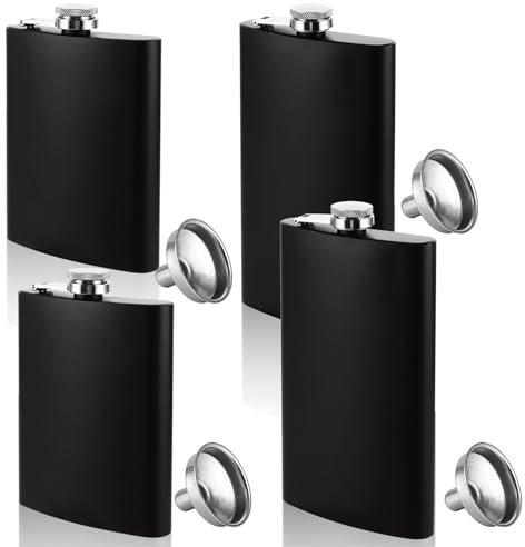 LOPYXBR 4 Stück Flachmann Edelstahl 8 + 12oz/224 + 336ml Hip Flask Edelstahl Flachmann Skifahren Schwarz mit Trichter Tragbar Flachmann Schwarz für Whiskey, Rum, Wodka, Wandern und Party