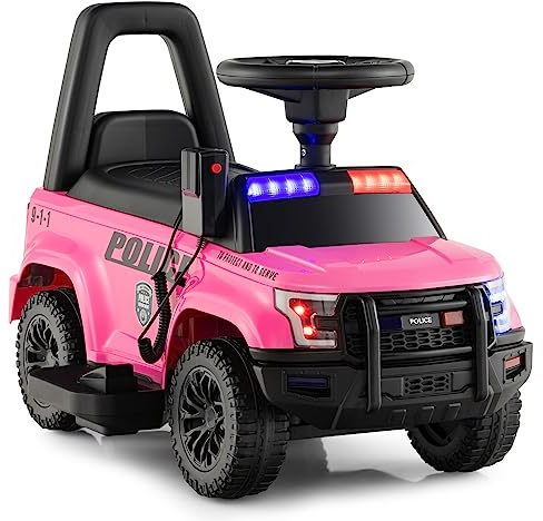 COSTWAY Auto Elettrica per Bambini, Auto della Polizia Giocattolo con Clacson Luce di Avvertimento e Suono della Sirena, Velocità 3 km/h, per Bambini 18-60 Mesi (Rosa)