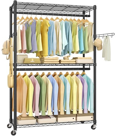 SONGMICS Heavy-Duty Rolling Clothes Rack, Garment Rack, Portable Closet, 43.3-Inch Wide Clothing Rack on Wheels, with Adjustable Mesh Shelves and Hanging Rails, Hooks, Ink Black ULGR414B01