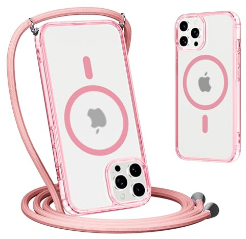 Yoedge Magnetica Traslucida Opaca Cover per iPhone 15 Pro Max con Cordino 6,7,Compatibile con Magsafe, Traslucida Opaca Ultra Sottile Silicone TPU Antiurto Custodia con Collana Laccio Tracolla, Rosa