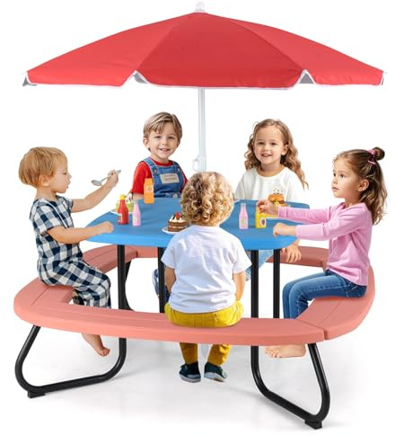 COSTWAY Mesa de Picnic para Niños, Mesa de Actividades con Sombrilla Ajustable y Plegable, 4 Bancos Incorporados para hasta 8 Niños, Juego de Mesita de Picnic de HDPE con Marco Metálica (Azul+Rojo)