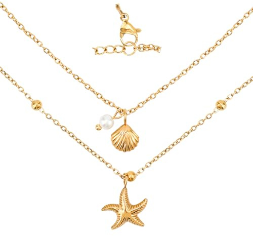 Mikovivi Collana Conchiglie per Donna, Ciondolo Stella Marina con Conchiglia a Strati Perla Regolabile Collana Estiva Spiaggia Decorazioni e Regali Perfetti per Anniversario e Compleanno