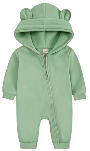 ABOHU Nyfödd baby, pojkar, flickor, sparkdräkt, långa ärmar, overall med björn, öra och huva, spädbarn, vår, höst, body, dragkedja, bodysuit, babypyjamas, ett stycke, 0–6 månader, Grön, 3–6 Monate