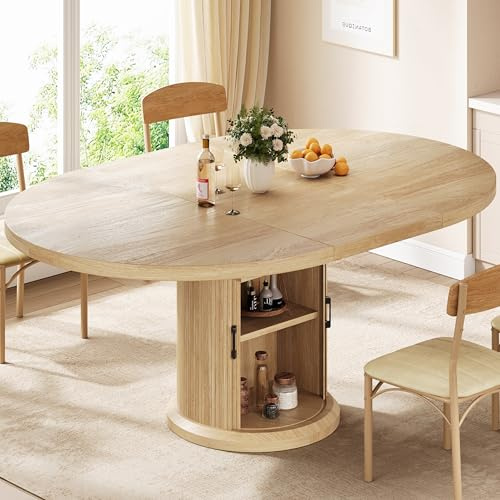 Jocoevol 47″–63″ Extendable Round Kitchen Dining Room Table for 4-6 with 2-Tier Storage Shelf Dust-Proof, Space Saving Expandable Wood Oval Circle Dinner Furniture with Pedestal Base (Natural Oka)