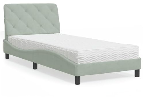 Bucmath Säng med madrass ljusgrå 90 x 200 cm sammet, vågig design, komfortskummadrass H2 H3, sovrumsmöbler
