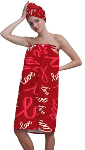Surwin Falda Escocesa para Sauna Mujer con Toalla Pelo, Albornoz Ducha Mujer con Toalla Pelo Microfibra Suave y Absorbente Falda de Baño Usable para Sauna SPA Ducha (Amor Rojo 3)