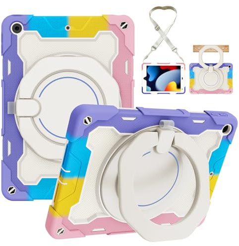 Custodia per tablet per iPad di 9a/8a/7a generazione da 10,2 pollici (versione 2021/2020/2019) con supporto girevole a 360°, custodia protettiva antiurto con tracolla, portapenne e manico (rosa viola)