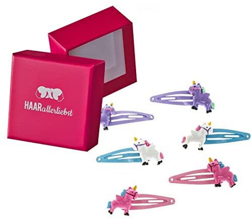 Haarallerliebst Haarspangen Set für Kinder – 6 Stück Einhörner inkl. Aufbewahrungsbox pink – Ideal für dünnes bis dickes Haar
