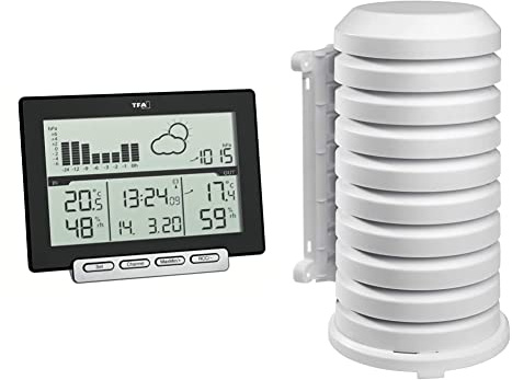 TFA Dostmann Meteo Sens Funk-Wetterstation, mit Thermo-Hygroaußensender, Wettervorhersage, schwarz + Schutzhülle für Sender Artikel, 98.1114.02, leicht zu montieren, weiß