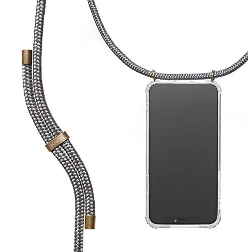 KNOK Premium Handykette für Apple iPhone 12 mini, Grau, transparent | Silikonhülle mit fest verbundener Kordel zum Umhängen, stoßfest, ideal für Festival, Konzert oder Alltag, robust