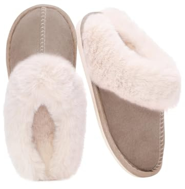 Auranso Ladies Slippers Fluffy Lined Warm Slippers Women Non Slip Cosy House Shoes for Indoor and Outdoor Khaki