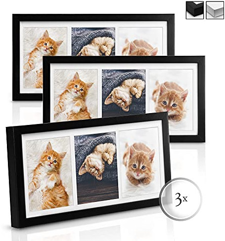 bomoe Set Cornici Foto Galeria - cornice da 3 foto 10x15 cm - cornice foto multiple da parete, portafoto in vetro plastica e sospensione in metallo - cornice in Legno con passepartout - nero