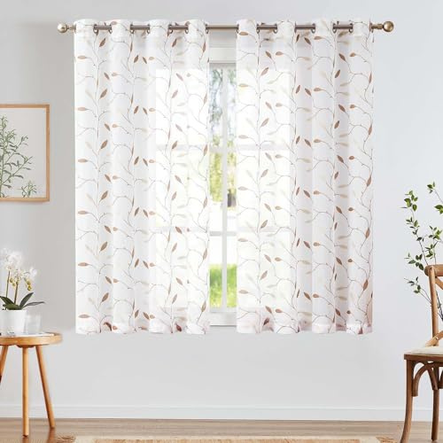 TOPICK Sheer Vorhang Voile Gardinen mit Ösen Blätter Stickerei lichtdurchlässig Ösenschal Gaze Paarig Ösenschals Blatt für Wohnzimmer Schlafzimmer Stores 2er Set Gold auf Weiß H145 x B140(cm)