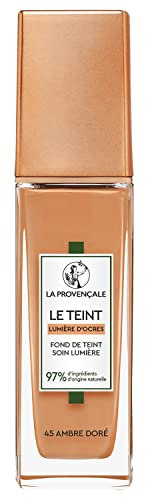 La Provençale - Le Fond de Teint Soin Lumière - 97% d'ingrédients d'origine naturelle - Couvrance Moyenne - Tous Types de Peaux - À l'Huile d'Olive Bio AOP Provence - Teinte : 45 Ambre Doré - 30 ml