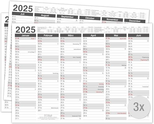 TOBJA Tafelkalender 2026 in 3er Set - DIN A4 Übersicht für wichtige Termine, Schulferien und Feiertage | Jahresplaner 2026 Wandkalender | Kalendarium 2026 im praktischen Format (3 Stück Papier)