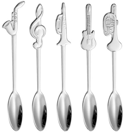 TOWINE Cucchiai Set di 5 cucchiaini da caffè creativi in ​​Acciaio Inossidabile a Forma di Strumento Musicale Cucchiaio da Dessert Cucchiaio for mescolare per Mescolare caffè tè Bevande Cocktail