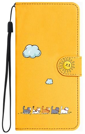 FALUWONRU Custodia per iPhone 13,Gatti carini e colorati Cover Portafoglio Protettiva Libro Flip Caso Phone Magnetica Custodie in Con Slot per Schede e Magnetica Supporto,Giallo