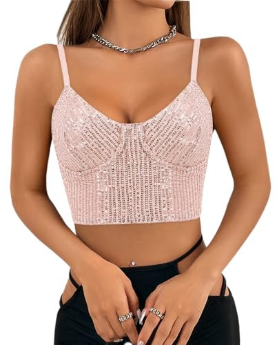 Segreto Damen Glitzer Pailletten Tanktop Ärmellos Spaghettiträger Sexy Crop Top Trägertop Festival Party Club Mehrfarbig Nackt Rosa Camisole