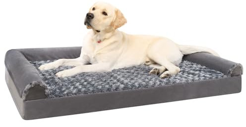 KSIIA Orthopädisches Hundebett Mittelgroße Hunde, 90x57x16cm, Hundesofa Bezug abnehmbar waschbar, Hundecouch mit DREI erhöhte Ränder, rutschfeste Unterseite, Noppenschaumstoff Hundekorb, Grau