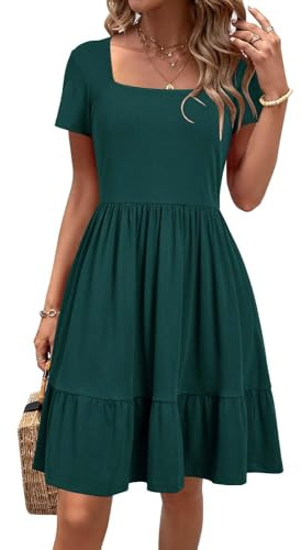 Newshows Sommerkleid Damen Knielang Sommer Kurzarm Kleid Quadratischer Ausschnitt Elegant Strandkleid Mit Taschen