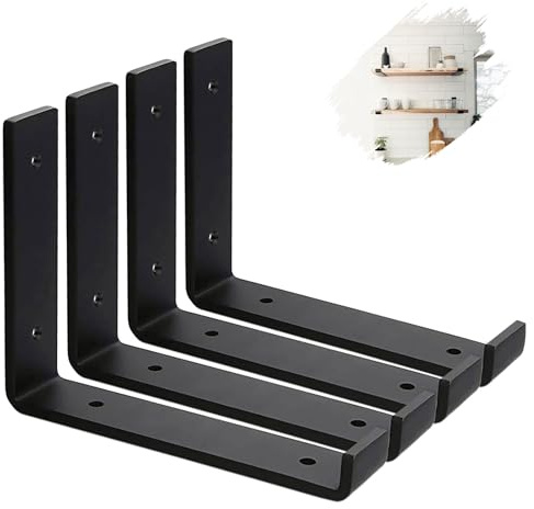 MLOQI 4 Pack Scaffold Board Shelf Brackets with Lips, 5mm Thick Heavy Duty L Wall Brackets for Shelves, Black Industrial Shelves Support (8x6/20cm x 15cm)