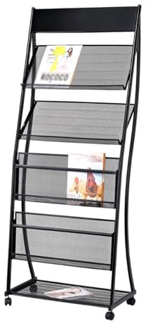 Zeitschriftenständer Bodenstehender 4-Lagen-Ständer mit Rädern, Broschürenständer, Informationsständer aus hochhartem Metall, mobiler Zeitungsständer for Werbezwecke Prospektständer ( Color : Schwarz