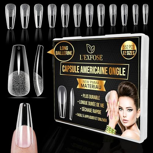 L'Exfose 552 pcs Capsule Americaine Ongle Ballerine - 12 Tailles Faux Ongles Long - Hypoallergenique PMMA Capsules Ongles Pose for DIY Nail Art & Salons - Semi Transparent Acrylique Ongle Capsule