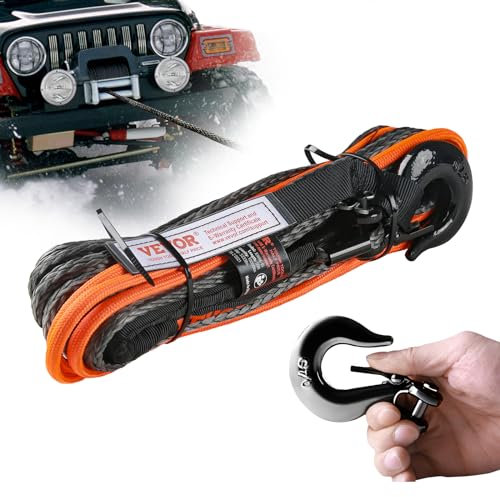 VEVOR Corda per Verricello Auto 4,8mm x 15,2m Cavo Sintetico 37,1 kN con Guaina Protettiva Gancio per Verricello Forgiato Cinghia di Trazione per SUV Fuoristrada Camion, Cavo Sintetico per Verricello