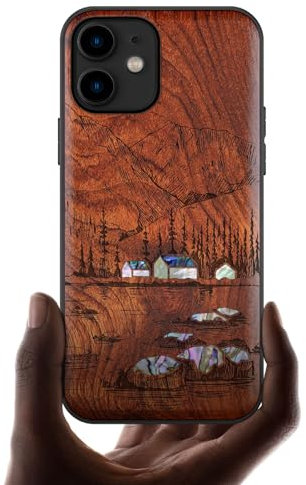 Carveit Coque Compatible avec iPhone 11 Étui en Bois Cover [Gravure en Bois et Incrustation de Coquille] Case pour 11 Coque Premium (Rosé-Vu et Berge)