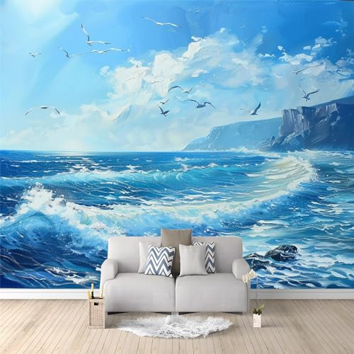 Vlies Fototapete Ölfarbe Meer Möwe für Moderne Wohnzimmer Schlafzimmer Motivtapeten Wandtapete Tapete Vliestapete UV-Beständig Hohe Auflösung - 250 x 175 cm