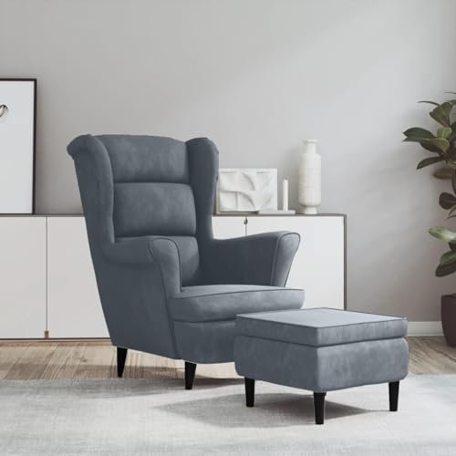 Hommdiy Ohrensessel mit Hocker Armlehnen Fernsehsessel Polstersessel Loungesessel Wohnzimmersessel TV Sessel Ruhesessel Relaxsessel Dunkelgrau Samt