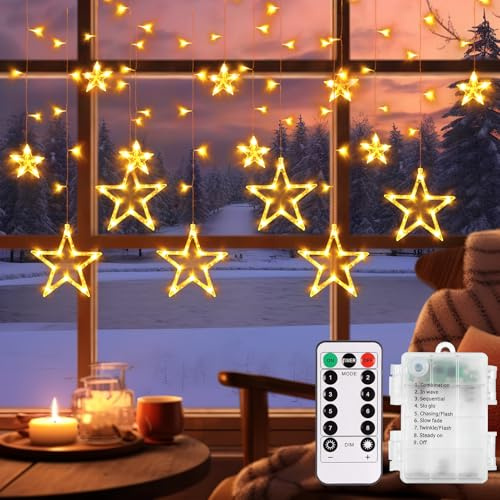 Battery Christmas Window Decoration 12 Stars Curtain Lights for Roof Gazebo | Timer, Waterproof, 8 Modes, Dimmable, Window Lights for Indoor Outdoor Wedding Garden Eaves Bedroom Decor, Warm White