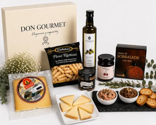 DON GOURMET, Cesta Gourmet para Regalar, Personalizable, Queso curado, jamón ibérico, chorizo ibérico, lote embutidos ibéricos, aceite de oliva, pack ibéricos, Regalo Cumpleaños. (CESTA 12)