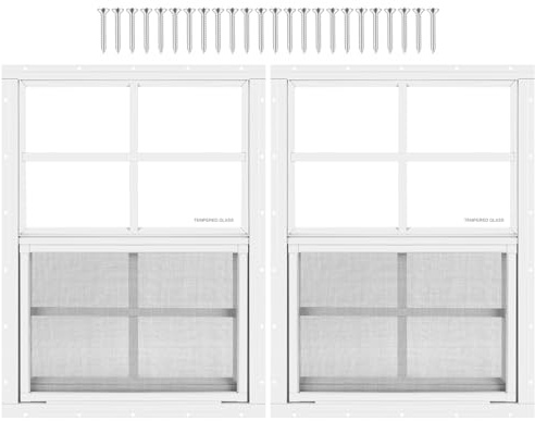 2 Pack Shed Window 18 W x 23 H, White Flush Mount Window with Tempered Glass and Removable Screen for Playhouses, Sheds, Garage and Chicken Coops