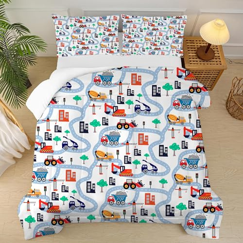 FUYEUN Cartoon Truck Comforter Set Twin: Construction Bedding Set for Boys Kids Children Bedroom Dorm White Cute Cars Quilt 1 Comforter + 1 Pillow Case