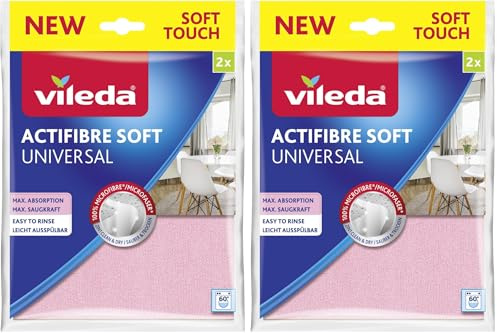 Vileda Actifibre Soft Universal, 2er Set MikrofasertüCher - streifenfreie ReinigungstüCher mit extrem hoher Saugkraft für Küchen & Bad - saugstarkes Mikrofasertuch ohne Chemie - Rosa & Grau