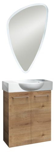 FACKELMANN Milano Gäste-WC Set 3 Teile - Waschtischunterschrank in Holz Braun mit Waschbecken aus Keramik – Waschbeckenunterschrank schmal – 2 Türen – Hahnloch rechts – inkl. LED-Spiegel, 55 cm breit