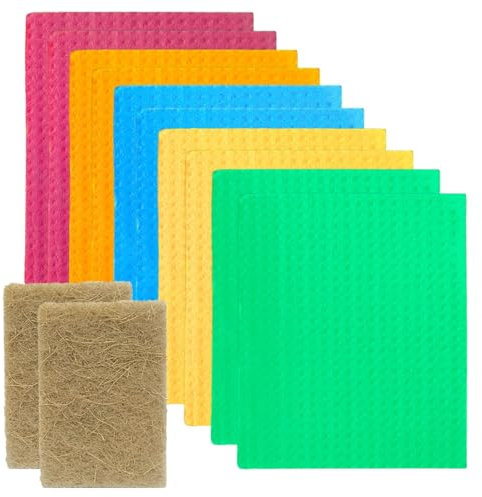 Swedish Dishcloths 10 Pack, 20 x 18cm + 2 Eco Pot Scrubbers, Reusable Dish Cloth for Kitchen & Home, Super Absorbent Cellulose Cloths for Dishwashing & Cleaning (7 x 8inch, Multi Colours)