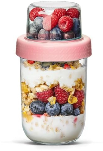 ComSaf Overnight Oats Jar 480+120mL, 1 Pack Glass Yoghurt Pots with Lids for Dry-Wet Separation, Over Night Oats Containers with Lids, Cereal Cup for Granola Fruit Nut Cereal Salad Juice