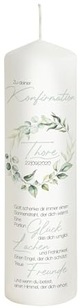 Liamoria® Konfirmationskerze Lorbeerkranz personalisiert mit Namen, Datum und Spruch - Modell Thore - Andenken und Geschenk zur Konfirmation (25 x 8 cm)